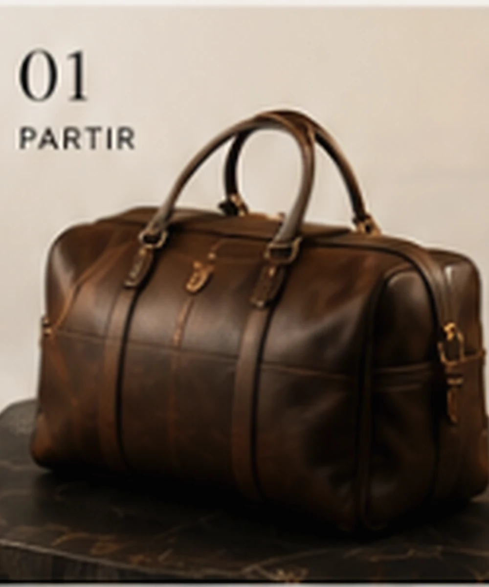 Sac de voyage brun en cuir posé sur une malle sombre