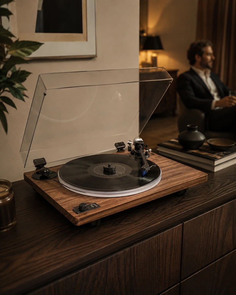 Platine vinyle haut de gamme en bois sombre avec plateau acrylique et bras de lecture noir