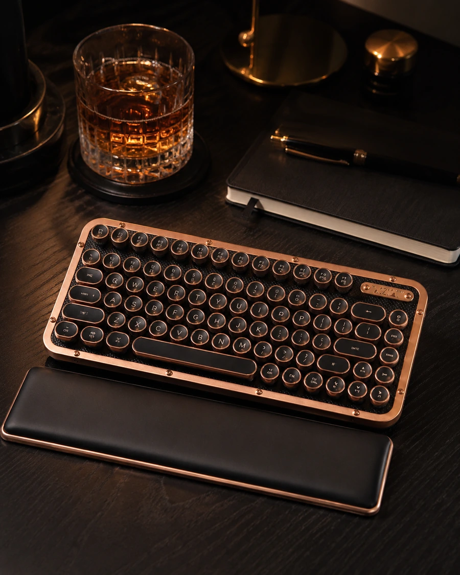 Clavier mécanique rétro avec touches rondes noires, châssis cuivré et repose-paumes noir