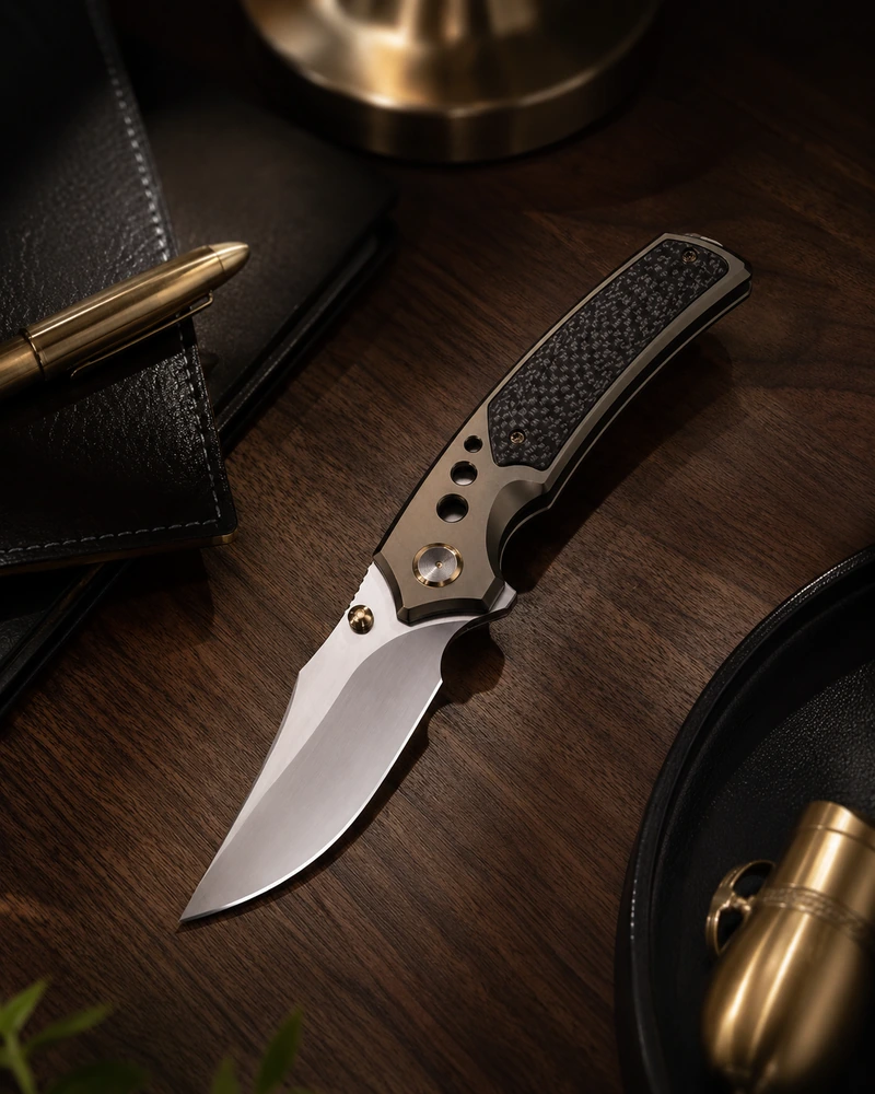 Couteau pliant premium avec lame satinée, manche titane champagne et insert en fibre de carbone