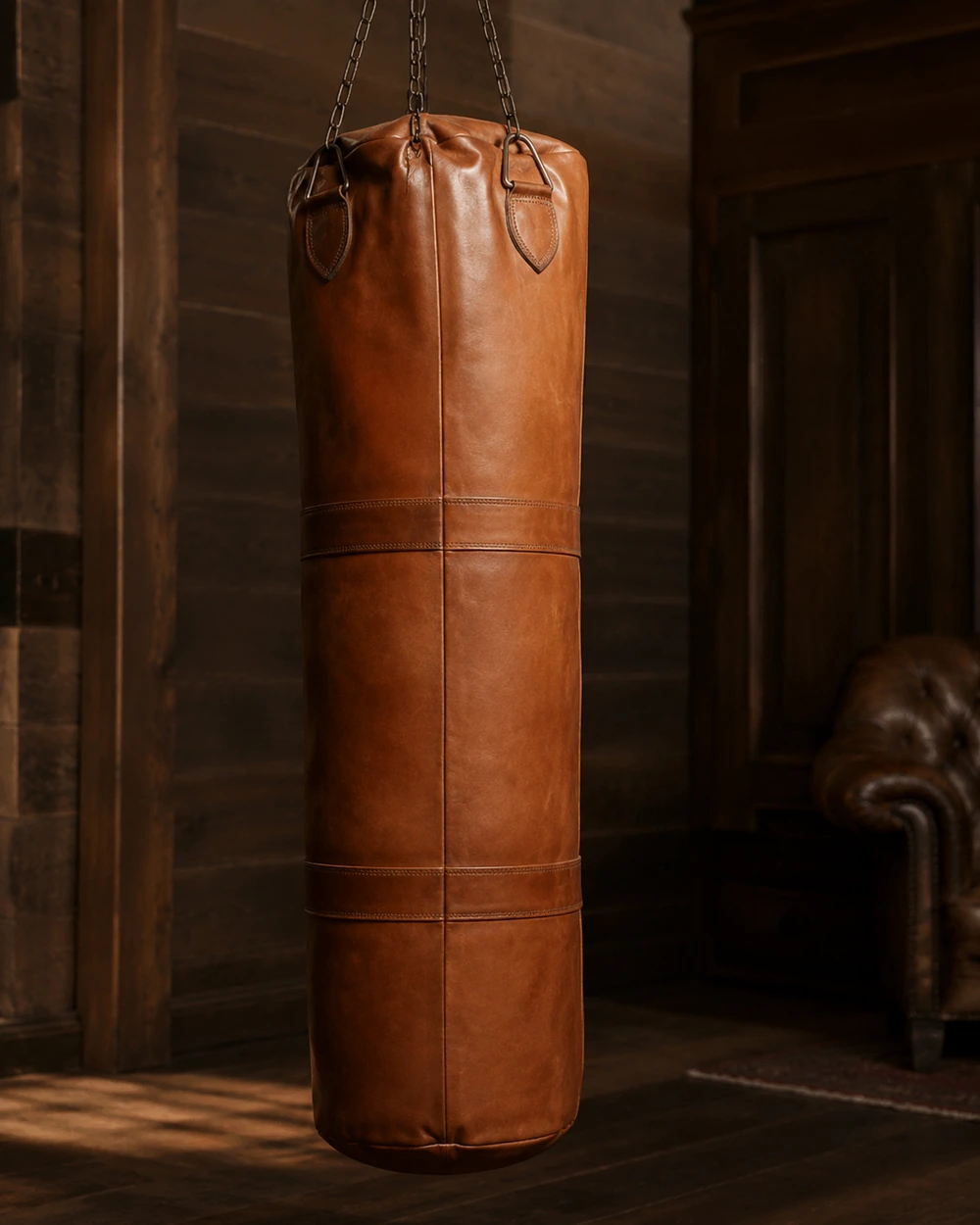 Sac de frappe vintage de 90 cm en cuir cognac suspendu par des chaînes métalliques